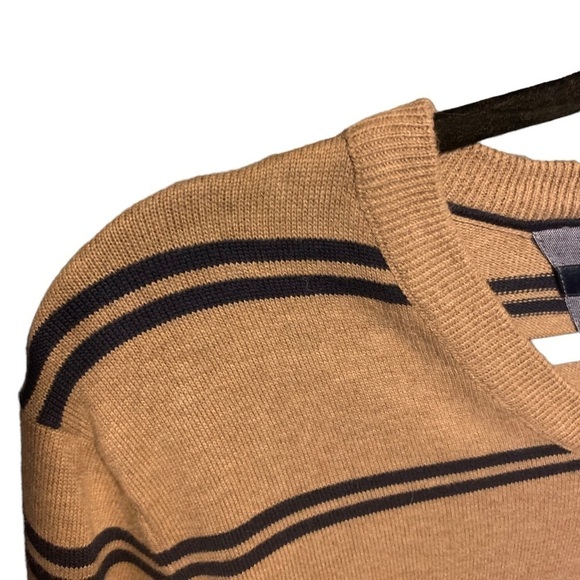 NEW Tommy Hilfiger Striped Cotton Sweater V Neck Camel and Navy Mens Small - Picture 4 of 11